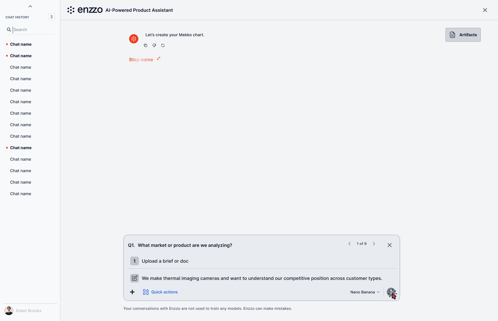 Library → contextual quick actions → step-by-step questions → refine-before-final → artifacts panel → generated document.