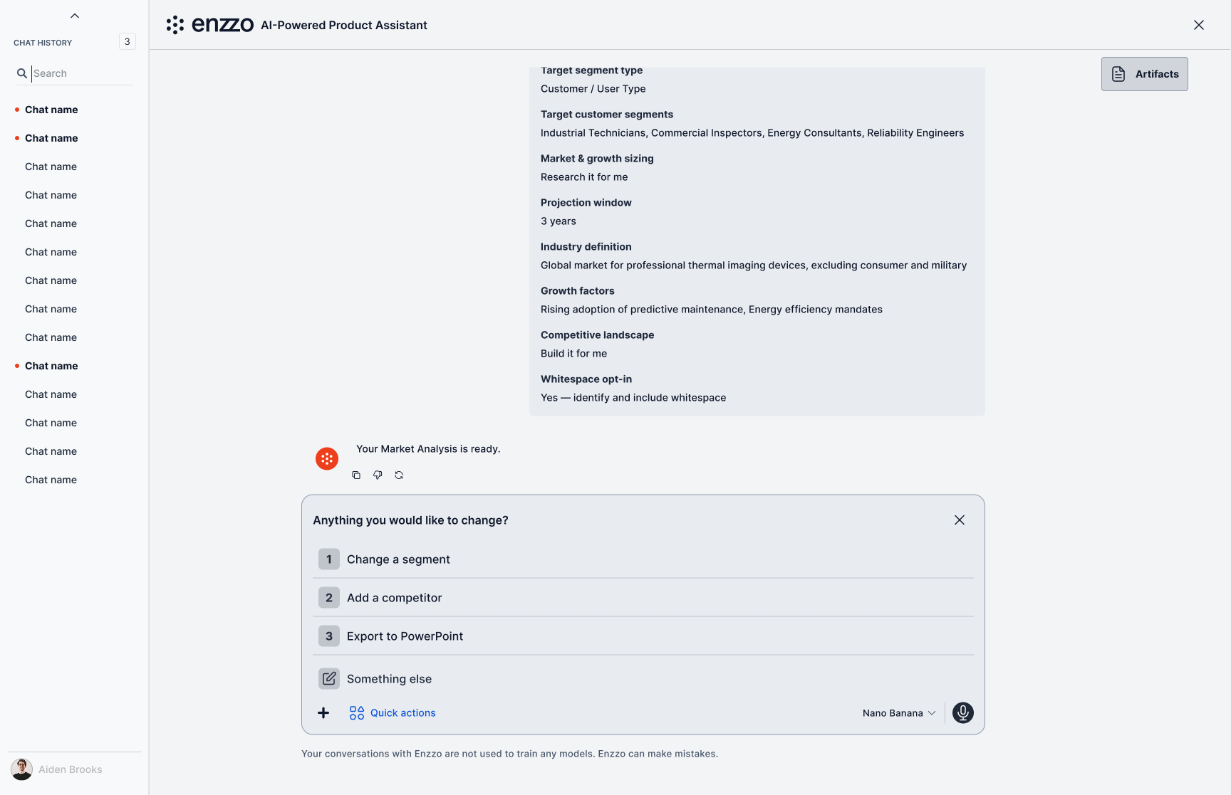 Library → contextual quick actions → step-by-step questions → refine-before-final → artifacts panel → generated document.