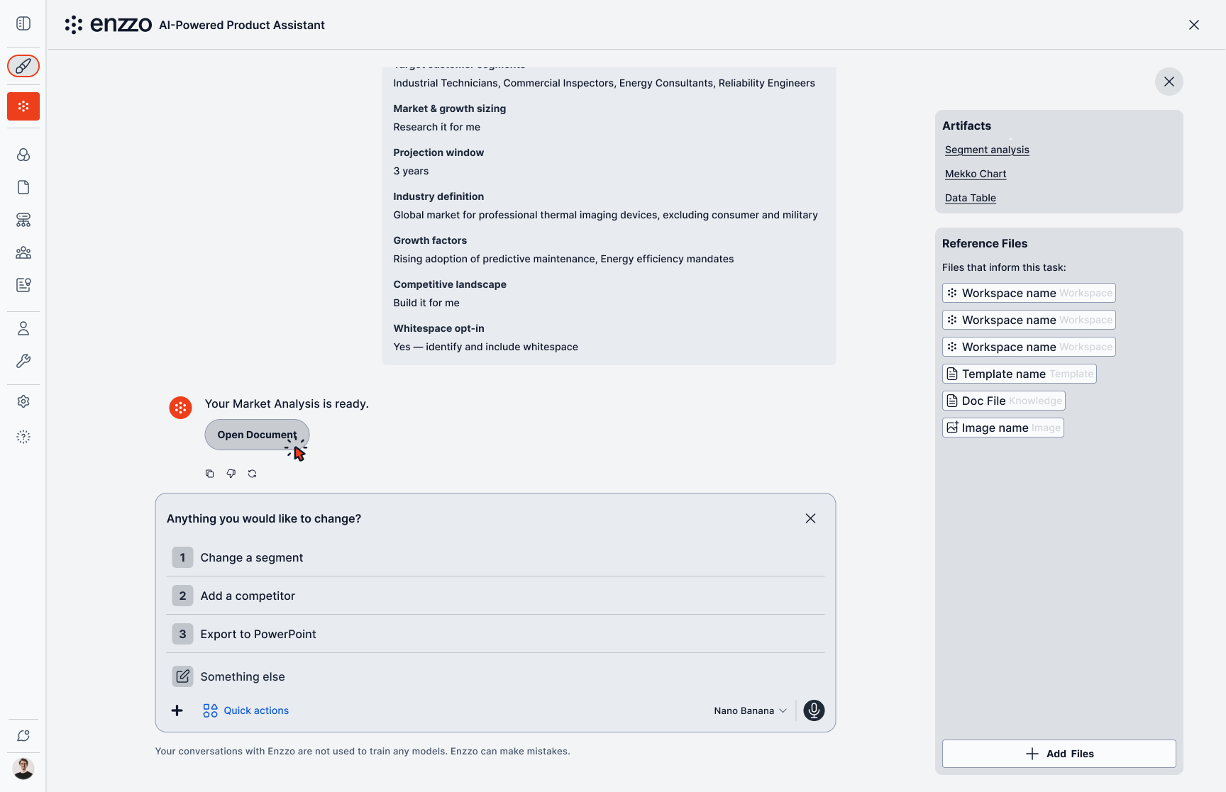 Library → contextual quick actions → step-by-step questions → refine-before-final → artifacts panel → generated document.