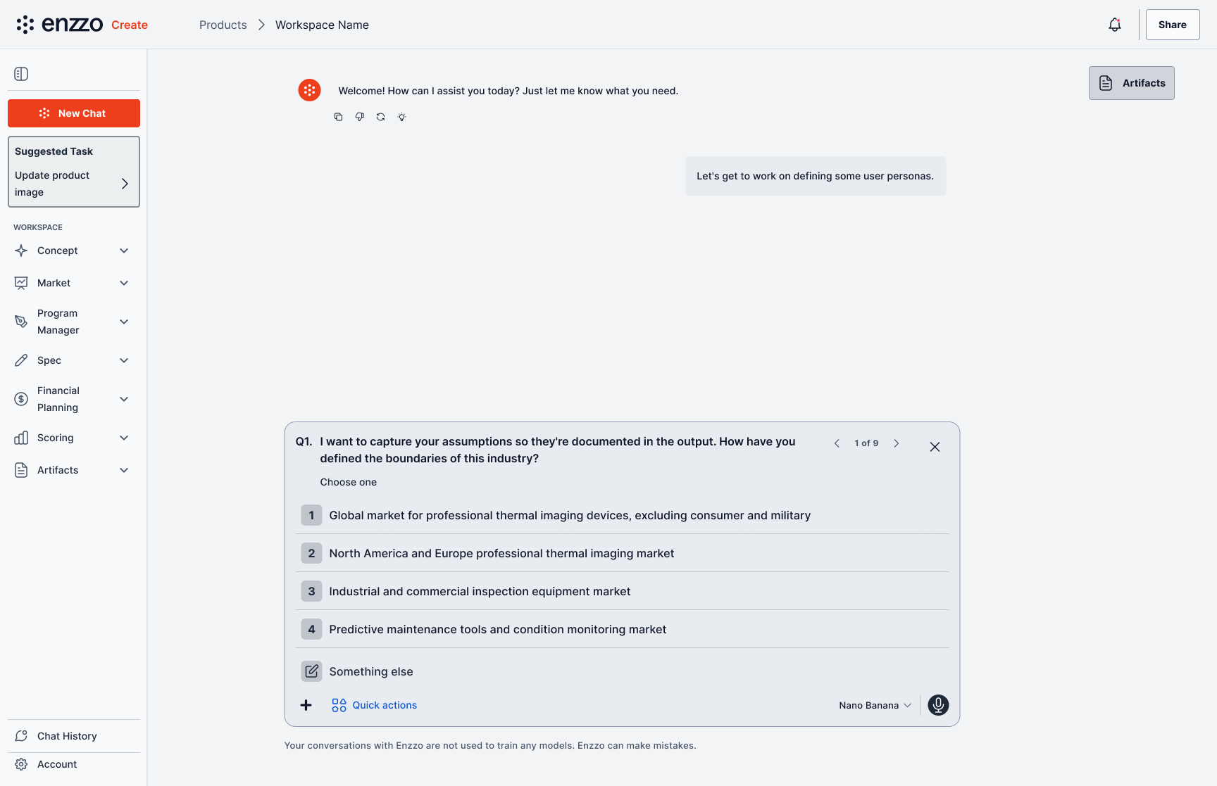 The full-screen chat surface, where the AI carries work forward and the user stays in the loop.