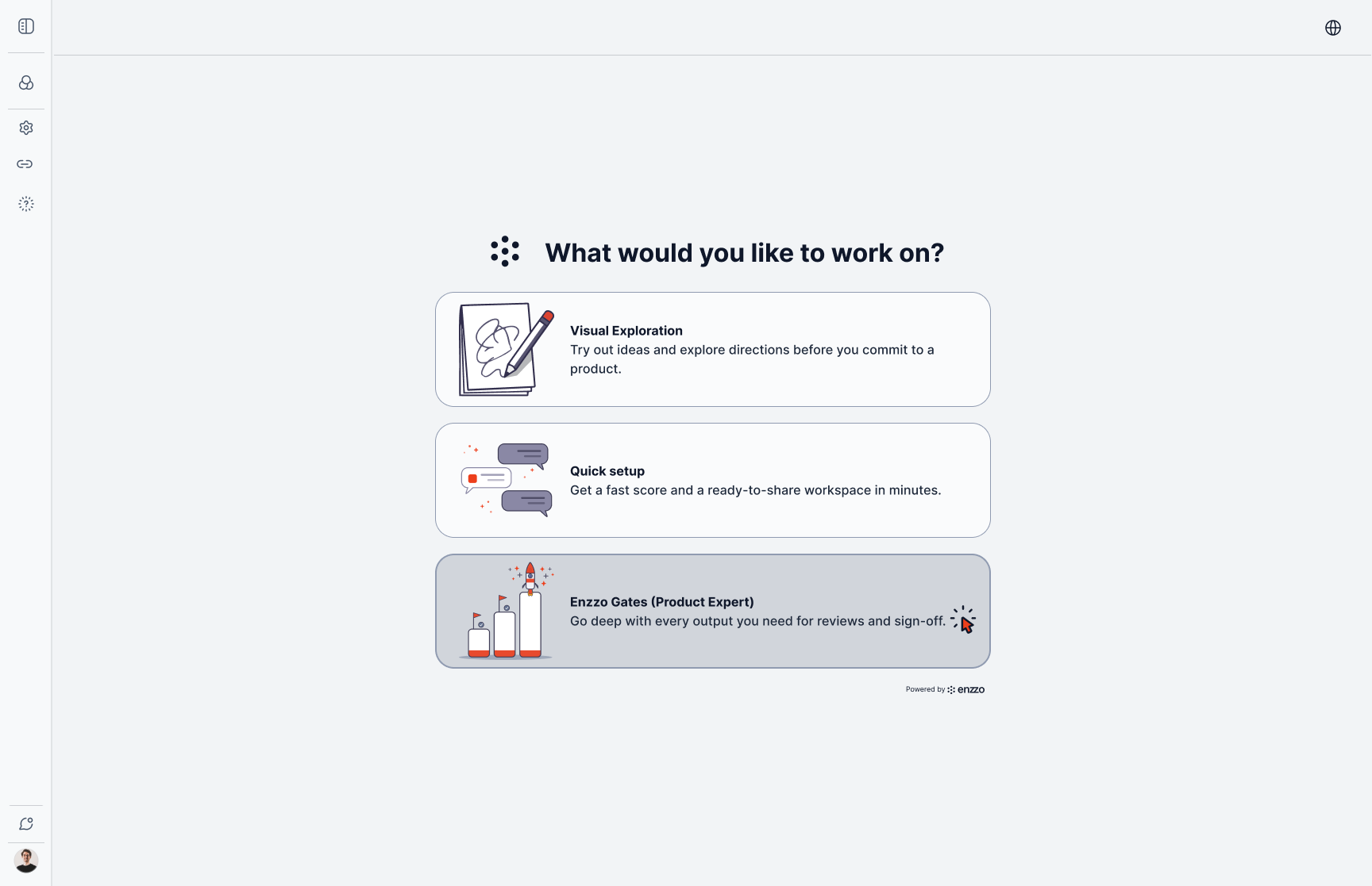 Choose a track → choose how to start → privacy → name the workspace → land in the stage-gated task list.