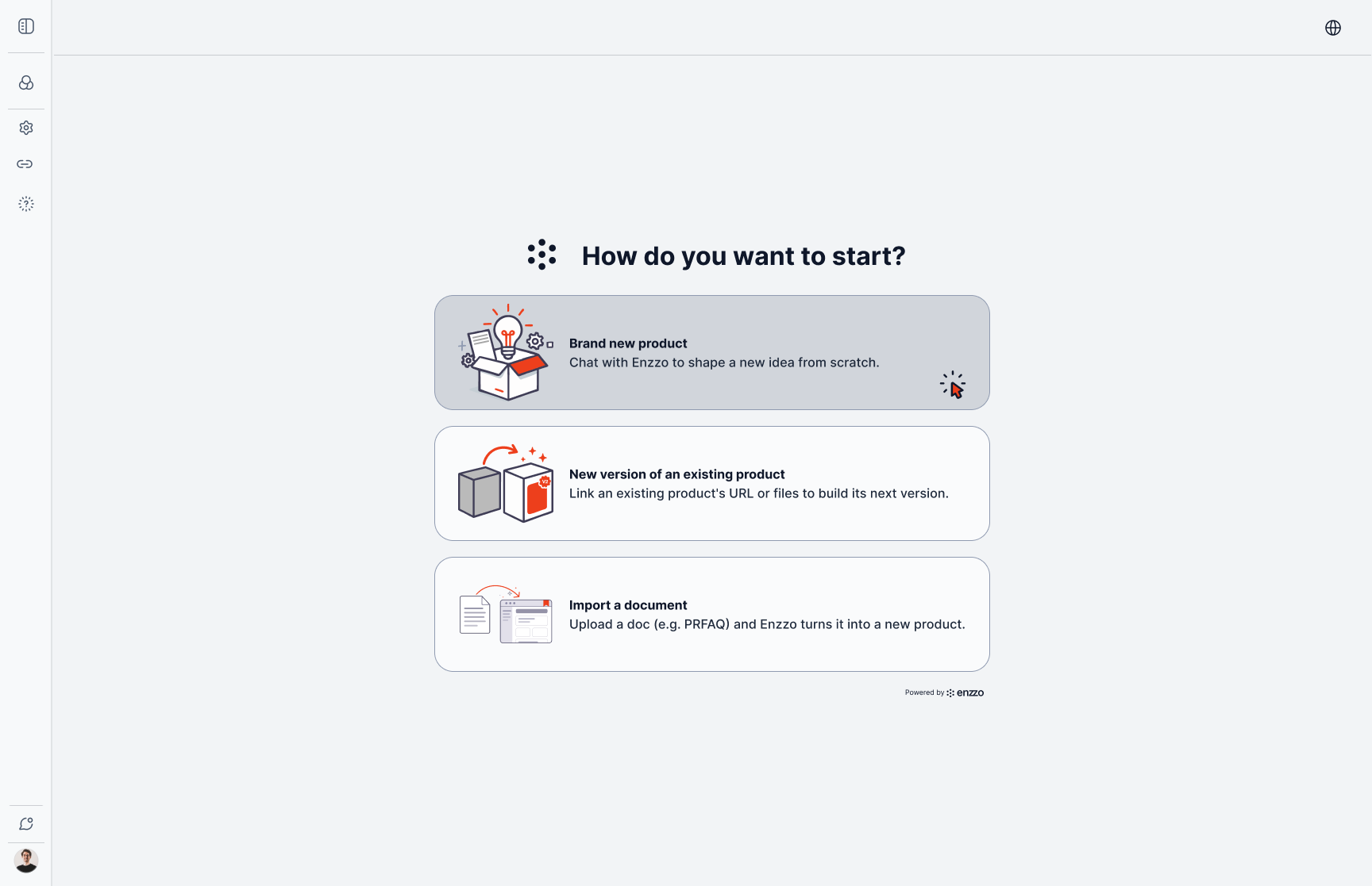 Choose a track → choose how to start → privacy → name the workspace → land in the stage-gated task list.