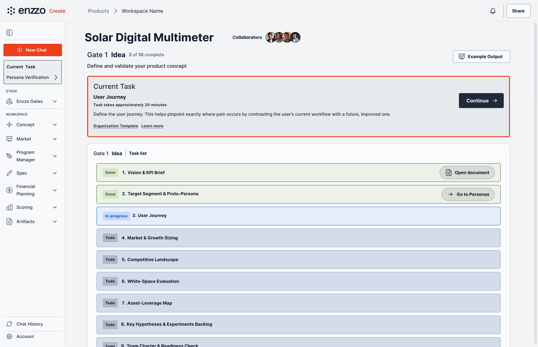 Choose a track → choose how to start → privacy → name the workspace → land in the stage-gated task list.
