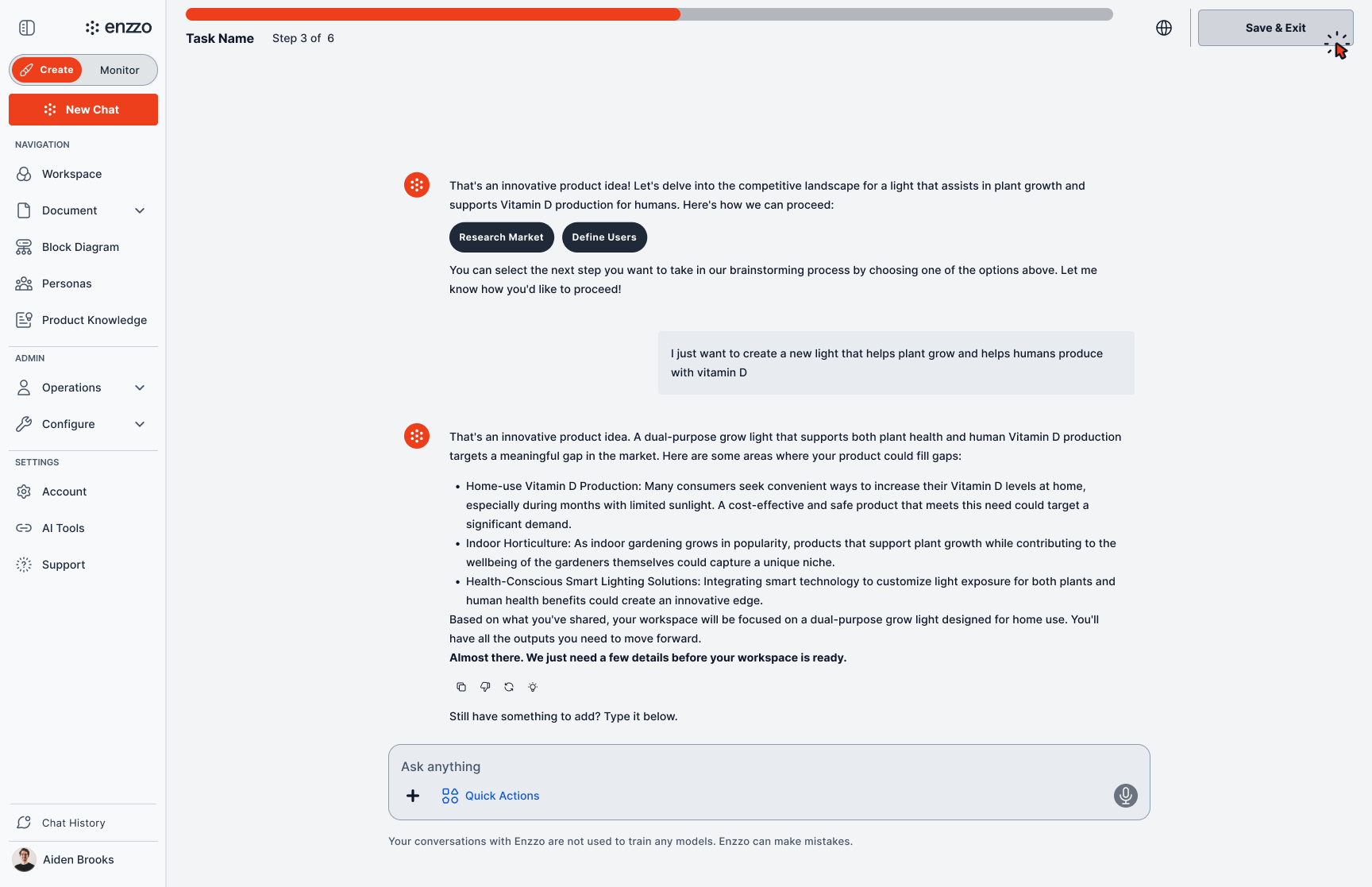 Exit mid-task → paused task surfaces as a resumable card → resume to the exact same state → finish → completed workspace.