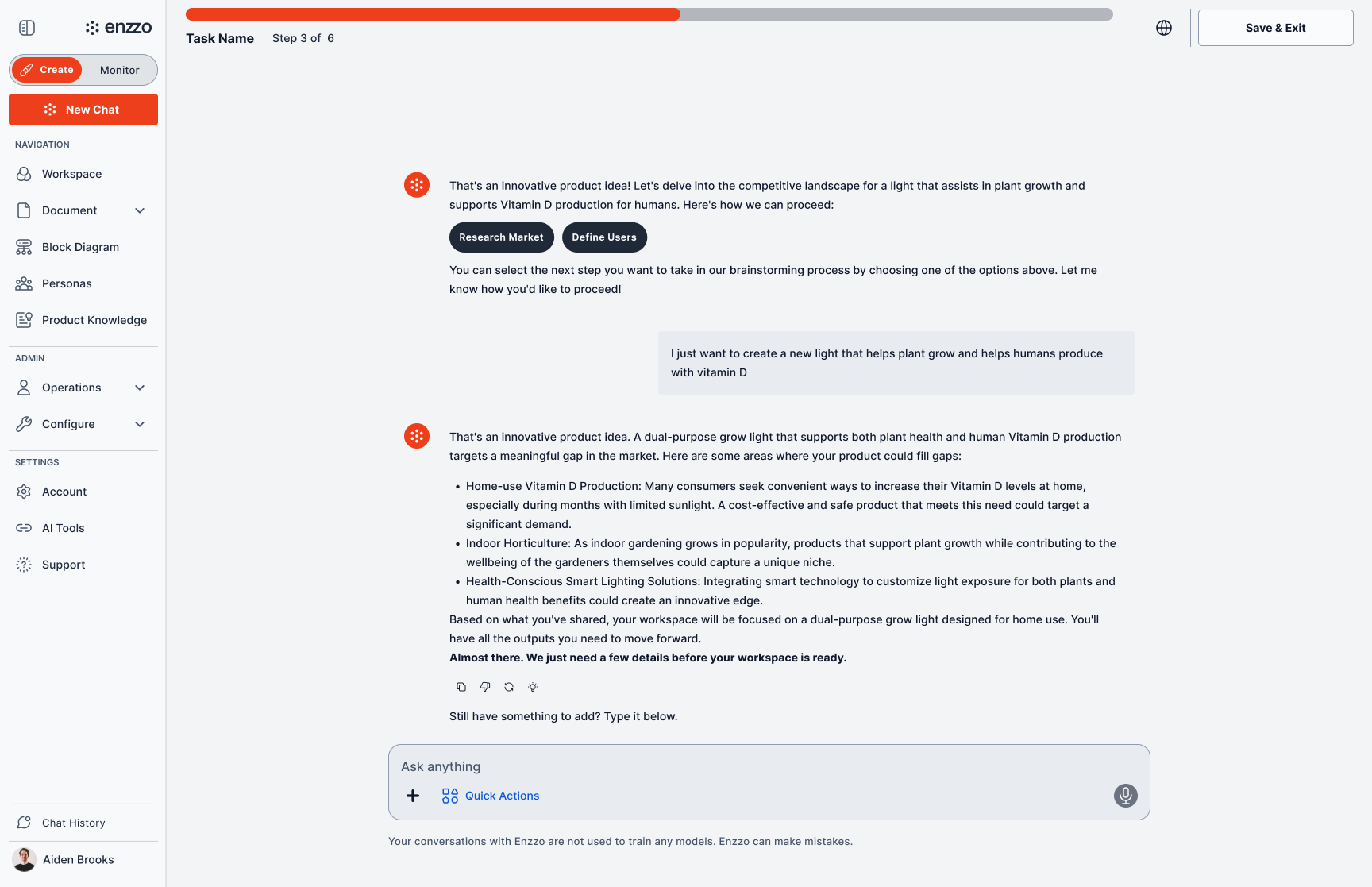 Exit mid-task → paused task surfaces as a resumable card → resume to the exact same state → finish → completed workspace.