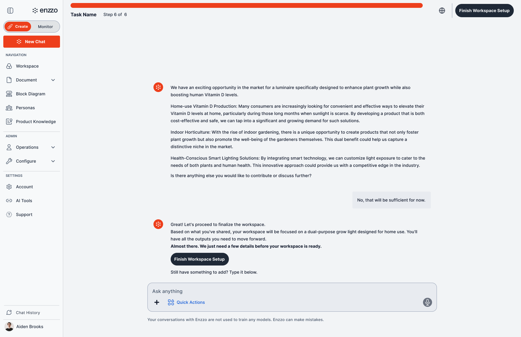 Exit mid-task → paused task surfaces as a resumable card → resume to the exact same state → finish → completed workspace.