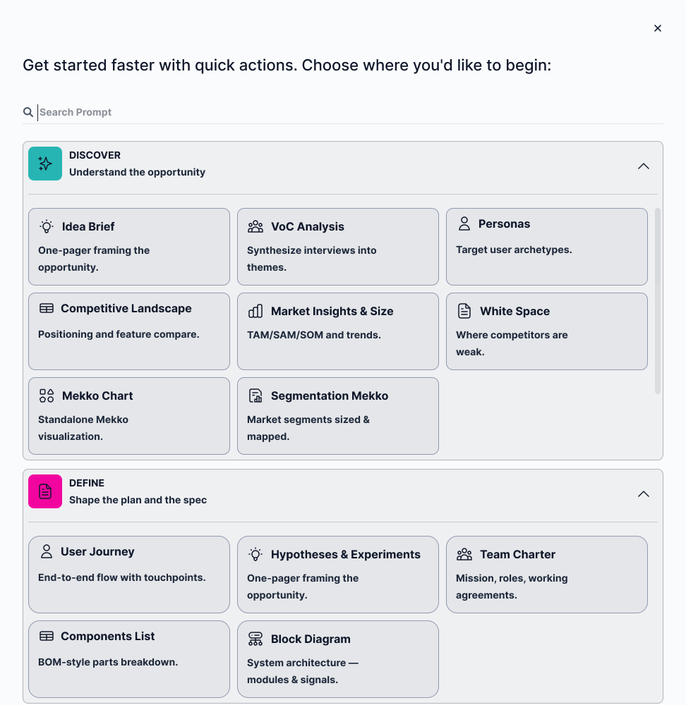 The full prompt library, organized by workflow stage rather than surfaced all at once.