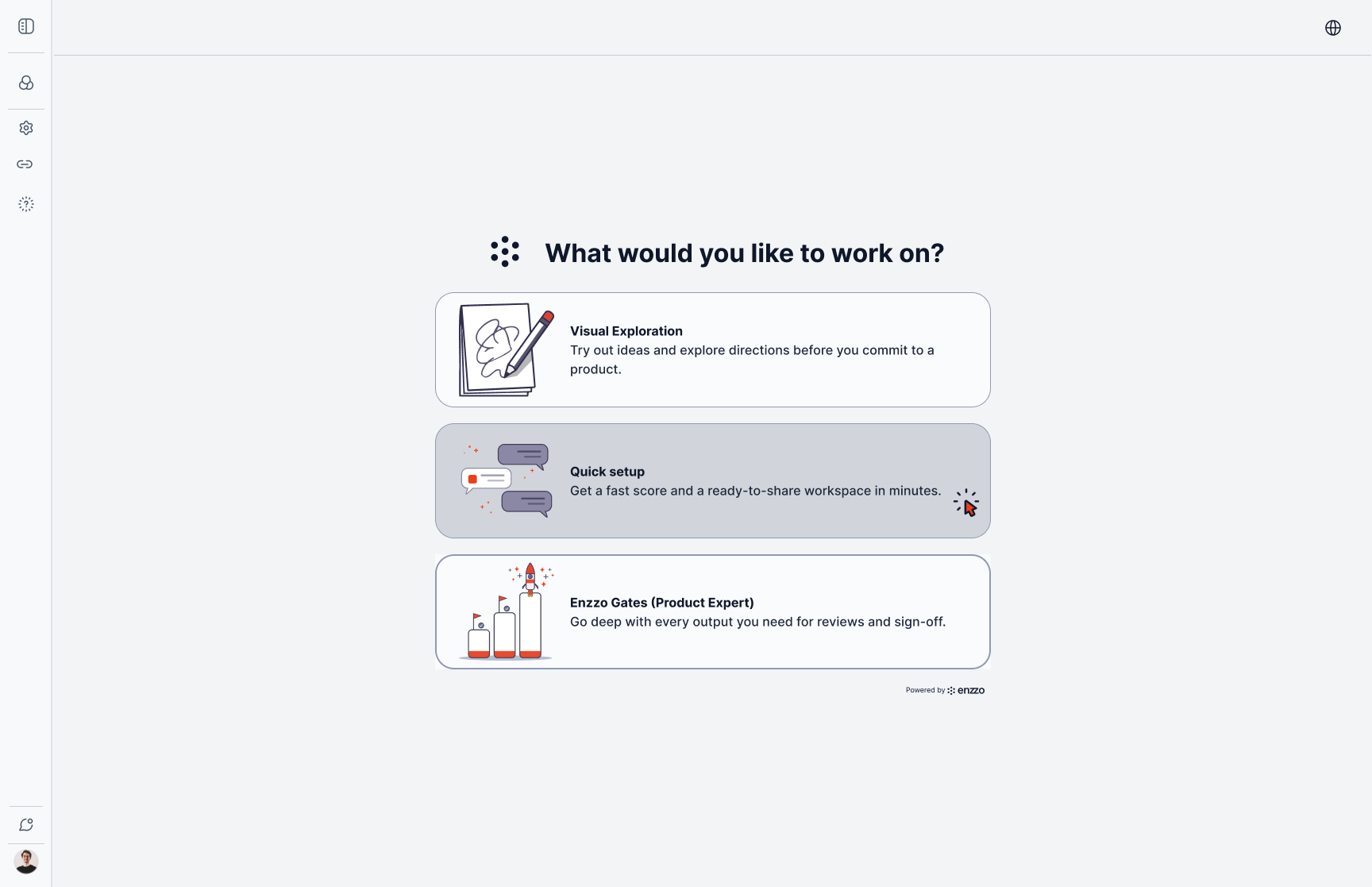 Library → choose Quick Setup → how to start → privacy → conversation → sketch generated inline → finished single-page workspace.