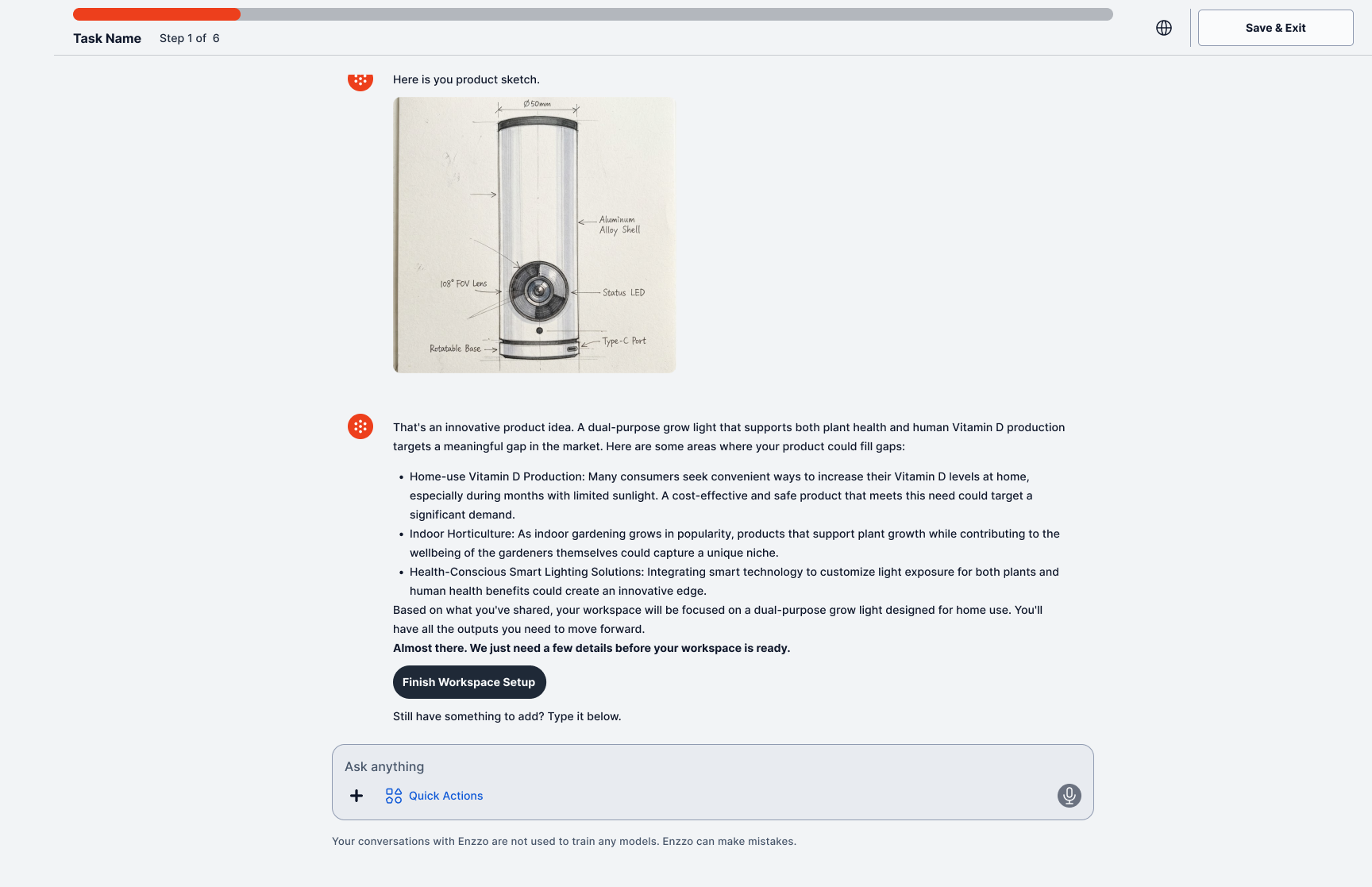 Library → choose Quick Setup → how to start → privacy → conversation → sketch generated inline → finished single-page workspace.