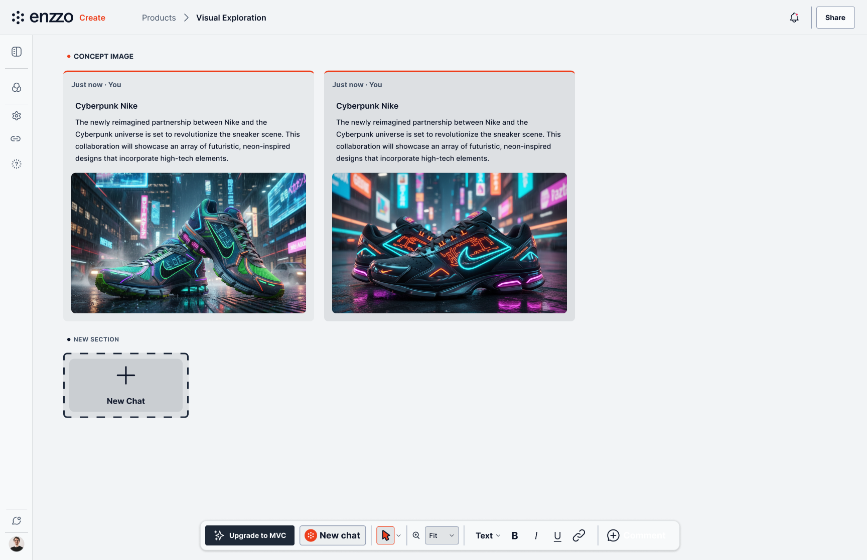 Library → choose Visual Exploration → explain the idea → concepts generated on canvas → tagged result in the library.